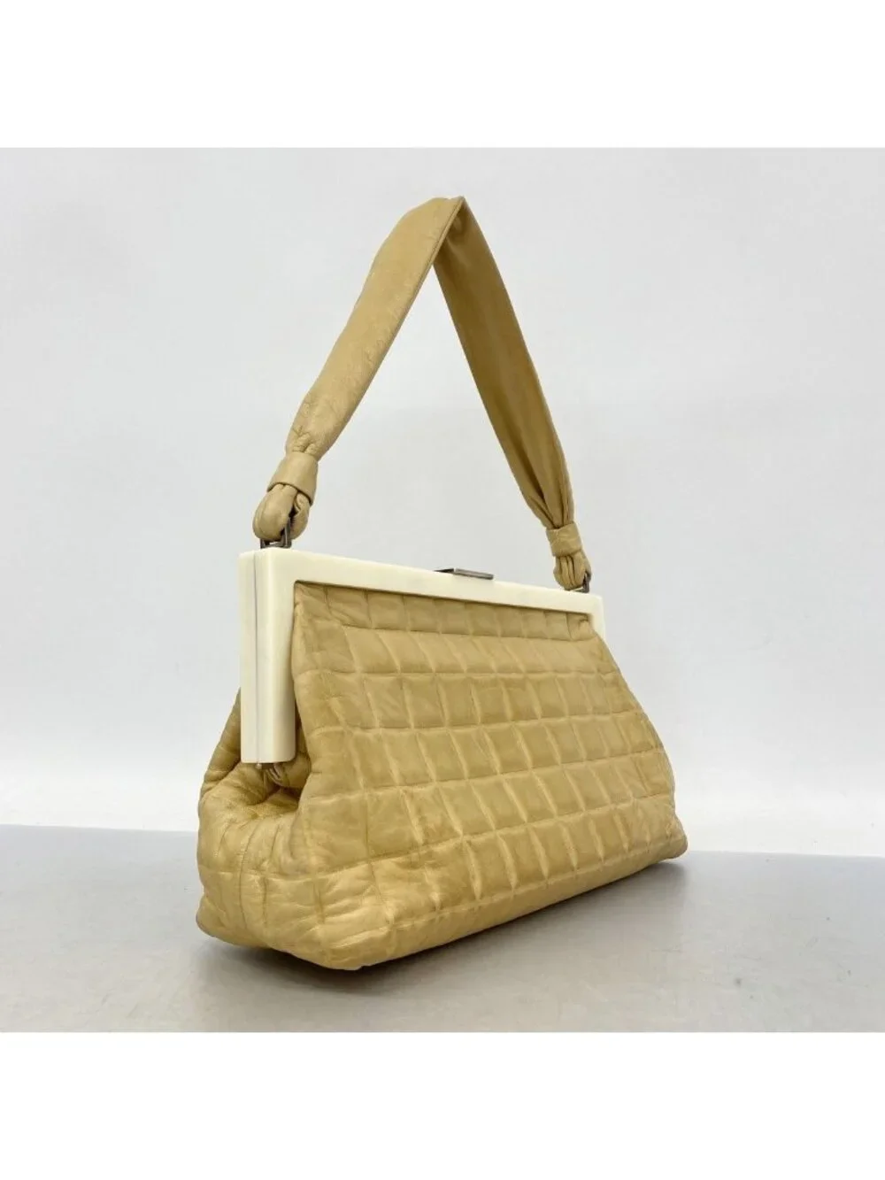 Chanel Shoulder Bag Choco Bar Lambskin Beige Silver